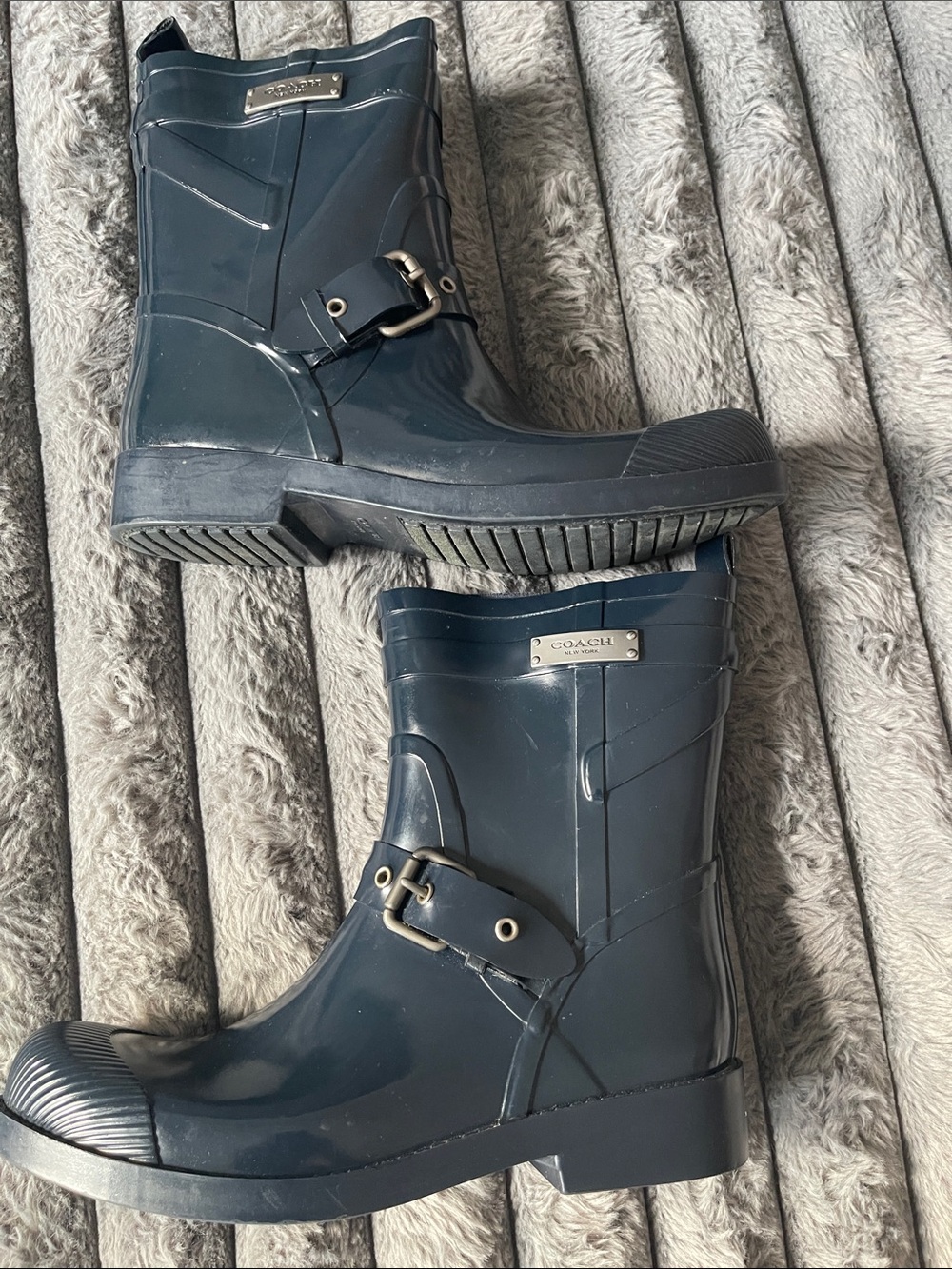 Coach Navy Rubber Mid-Calf Rain Boots with Buckle